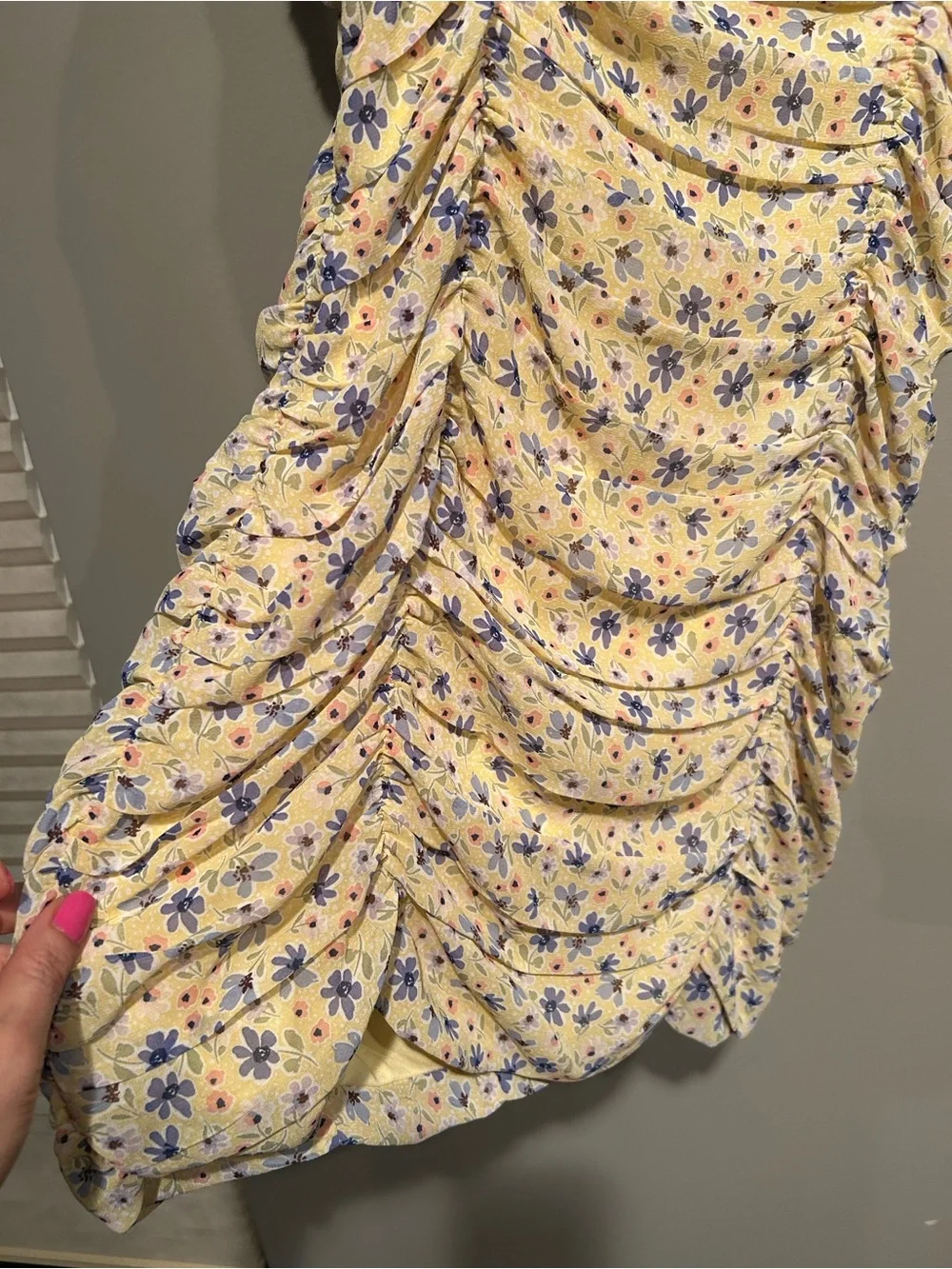 Lush Yellow Floral Ruched Puff-Sleeve Mini Dress - Picture 6 of 6